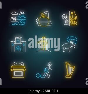 Bible narratives neon light icons set. Adam and Eve, Solomon Temple myths. Religious legends. Christian religion, holy and sacred book, Biblical stori Stock Vector