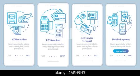 Payment onboarding mobile app page screen vector template. ATM machine. POS and self-service terminals. Walkthrough website steps with linear illustra Stock Vector