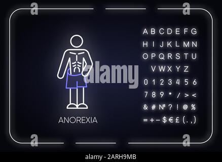 Anorexia neon light icon. Eating disorder. Underweight body. Slim and skinny person. Unhealthy weight loss. Mental health. Glowing sign with alphabet, Stock Vector