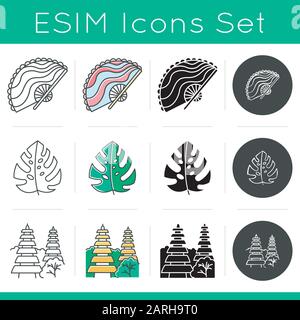 Indonesia icons set. Tropical country nature. Indonesian islands vacation. Exploring exotic culture. Unique architecture. Linear, black, chalk and col Stock Vector