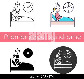 Change in sleep pattern icon. Insomnia. Troubled woman. Stress and anxiety. Person awake in bed. Sleep deprivation. Restless girl. Flat design, linear Stock Vector