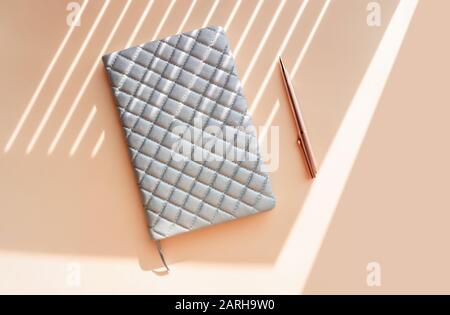 Notebook and pen on a light pastel background. Planning concept. Top view. Flat lay. Copy space. Stock Photo