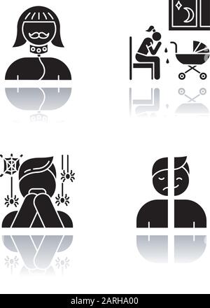 Mental disorder drop shadow black glyph icons set. Transvestic fetishism. Postpartum depression. Phobia. Panic attack. Mood disorder. Deviation, perve Stock Vector