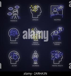 Mental disorder neon light icons set. Paranoia, psychosis. Amnesia, insomnia. Tardive dyskinesia. Alzheimer disease. Autism. Anorexia. Anxiety. Glowin Stock Vector