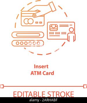 Insert ATM card red gradient concept icon. Money withdrawal procedure idea thin line illustration. Cashpoint, cashline. Financial operation. Digital b Stock Vector