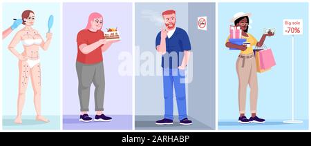 Human addiction flat vector illustrations set. Behavioral disorders. Plastic surgery addiction, gluttony, smoking, shopaholism. Men and women with unh Stock Vector