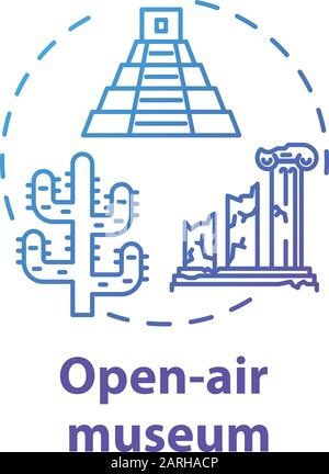 Open-air museum concept icon. Historical architecture exhibition. Temple ruins and colonnade. Folk building. Archeological exposition idea thin line i Stock Vector