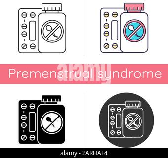 Birth control icon. Unwanted pregnancy prevention. Unintended childbirth precaution. Oral contraceptive. Predmenstrual syndrome aid. Flat design, line Stock Vector