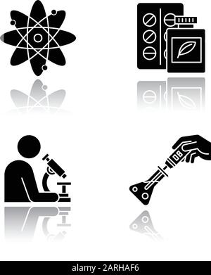 Science development drop shadow black glyph icons set. Biotechnologies products. Experiment methodology. Working in lab. Microbiology scientist. Organ Stock Vector