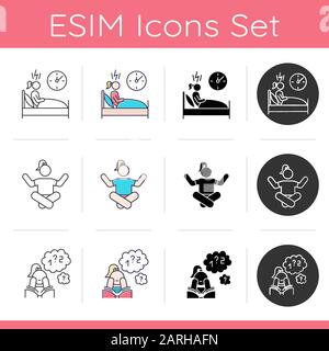 Predmenstrual syndrome icons set. Change in sleep pattern. Meditation and yoga pose. Poor concentration. Woman study. Flat design, linear, black and c Stock Vector