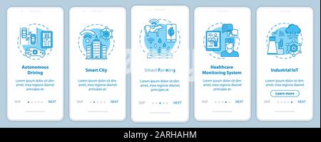 5G technologies onboarding mobile app page screen with linear concepts. Smart city. Autonomous driving. Five walkthrough steps graphic instructions. U Stock Vector