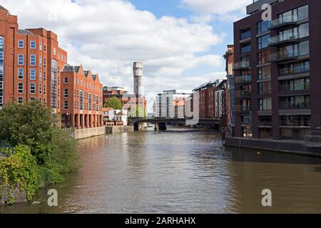 The Floating Harbour in Bristol, UK, with a disused shot tower visible in the distance. Stock Photo