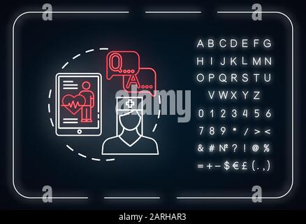 Healthcare monitoring system neon light concept icon. Medical tests idea. Telemedicine. Online consultation. Health control. Glowing sign with alphabe Stock Vector