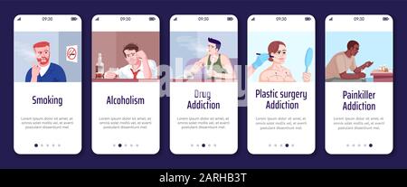 Addiction onboarding mobile app screen vector template. Smoking, alcoholism, drug addiction. Walkthrough website steps with flat characters. UX, UI, G Stock Vector