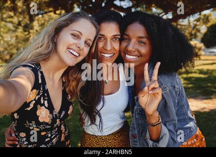 Portrait of three smiling happy multiethnic female friends taking a selfie in the park on a sunny day Stock Photo