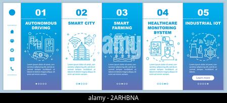 5G technologies onboarding mobile web pages vector template. Smart city. Responsive smartphone website interface idea with linear illustrations. Webpa Stock Vector