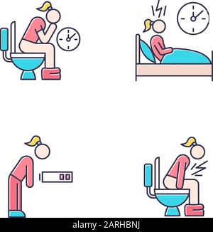 Predmenstrual syndrome color icons set. Menstruation symptoms. Constipation and stomach ache. Insomnia and sleep deprivation. Fatigue, tired girl. Dia Stock Vector