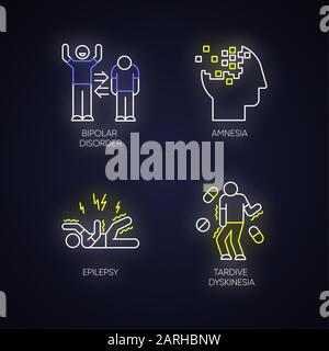 Mental disorder neon light icons set. Manic and depressive episodes. Bipolar disorder. Amnesia. Memory loss. Epileptic seizure. Tardive dyskinesia. Gl Stock Vector