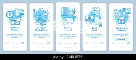 Payment systems onboarding mobile app page screen with linear concepts. Electronic payment. Direct debit. Five walkthrough steps graphic instructions. Stock Vector