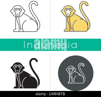 Monkey icon. Tropical country animals, mammals. Trip to Indonesia zoo. Exploring exotic wildlife. Primate sitting. Linear, black, chalk and color styl Stock Vector