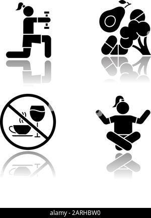 Healthcare drop shadow black glyph icons set. Physical exercise. Vitamin intake, vegetables. Alcohol and caffeine refusal. Meditation, yoga practice. Stock Vector