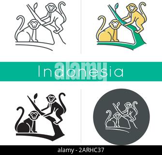 Monkeys in jungle icon. Tropical country animals, mammals. Exploring exotic Indonesia wildlife. Primates sitting. Linear, black, chalk and color style Stock Vector
