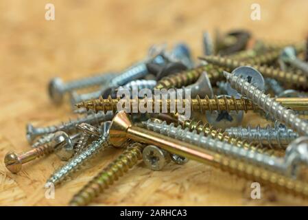 Galvanized wood screws in a close-up Stock Photo