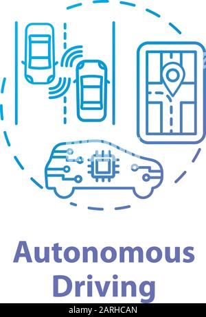 Autonomus driving concept icon. Smart car. Unmanned vehicles idea thin line illustration. Driverless automobile. Artificial Intelligence. Vector isola Stock Vector