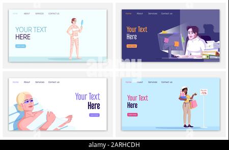 Human addiction landing page vector template set. Compulsive habit disorders website interface idea with flat illustrations. Dependences homepage layo Stock Vector