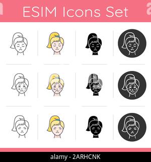 Predmenstrual syndrome icons set. Sadness and depression. Skincare treatment. Dermatology. Acne and pimples. Flat design, linear, black and color styl Stock Vector