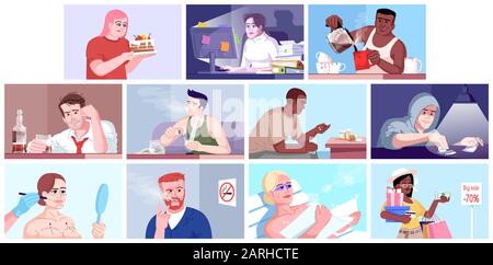 Binge eating flat color vector illustration. Overeating. The sugar intake in the diet. Gluttony. Overweight caucasian girl in anticipation of cake iso Stock Vector