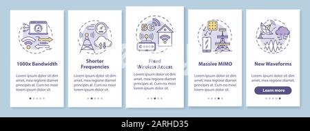 5G technologies onboarding mobile app page screen with linear concepts. Shorter frequencies. Massive MIMO. Five walkthrough steps graphic instructions Stock Vector