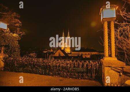 Zagreb Cathedral and St. Mary's Church in the night from Upper town. Capital of Croatia, panoramic view Stock Photo