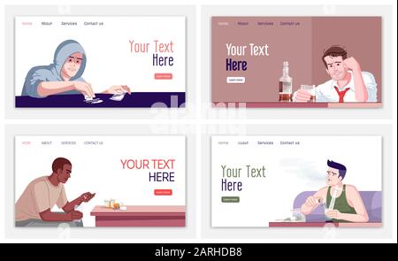 Human addiction landing page vector template set. Narcomania danger website interface idea with flat illustrations. Destructive behavior homepage layo Stock Vector