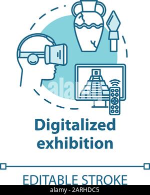 Digitalized exhibition concept icon. Interactive fair venue in cyberspace. Video museum tour. Virtual reality exposition idea thin line illustration. Stock Vector