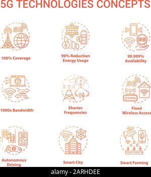 5G technologies concept icons set. Global coverage. High-speed connection idea thin line illustrations. Mobile internet. Wireless technology. Vector i Stock Vector