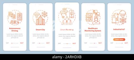 5G technologies onboarding mobile app page screen vector template. Autonomous driving. Smart city. Walkthrough website steps with linear illustrations Stock Vector