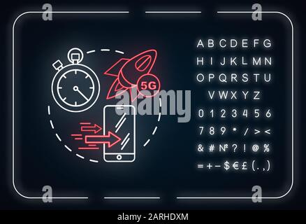 Millisecond latency neon light concept icon. 5G technologies idea. Mobile internet. High-speed connection. Wireless technology. Glowing sign with alph Stock Vector