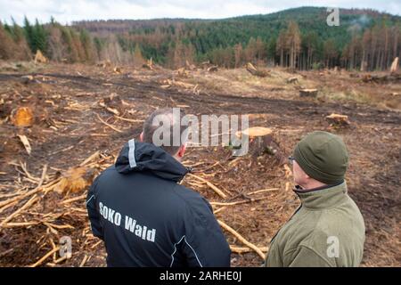 28 January 2020, Saxony-Anhalt, Wernigerode: Christoph Rullmann (l), Federal Director of the Schutzgemeinschaft Deutscher Wald Bundesverband, and Michael Selmikat, district forester of the city of Wernigerode, are standing on a clearing area on the Armeleuteberg. The trees had died after two years of drought and because of the bark beetle and had been felled. The spruces are now used to produce pulp and wood for pallets. Some of it even goes to China as construction timber. The forest inspection in the city forest of Wernigerode took place on the edge of the "Forest Generation Dialogue". The o Stock Photo