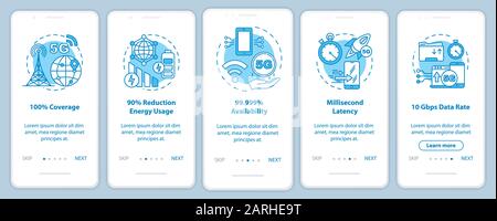 5G technologies onboarding mobile app page screen with linear concepts. 100% coverage. Millisecond latency. Five walkthrough steps graphic instruction Stock Vector