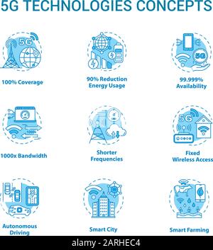 5G technologies concept icons set. Global coverage. High-speed connection idea thin line illustrations. Mobile internet. Wireless technology. Vector i Stock Vector