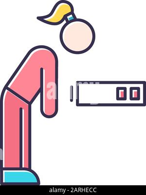 Fatigue color icon. Tired girl. Overworked woman. Exhausted person. PMS symptom. Overwhelmed workaholic. Depressed and unhappy human. Lethargy, weakne Stock Vector