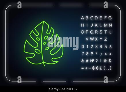 Monstera leaf neon light icon. Evergreen tropical forest vines. Swiss cheese plant. Exploring jungles flora. Glowing sign with alphabet, numbers and s Stock Vector