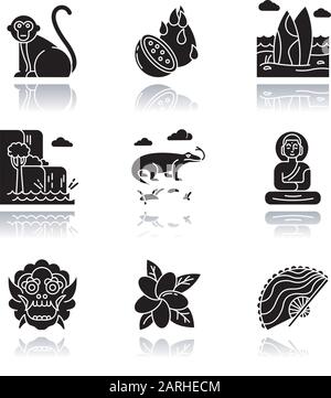 Indonesia drop shadow black glyph icons set. Tropical country animals. Trip to Indonesian islands. Asian wildlife. Unique flora, fauna. Bali sightseei Stock Vector