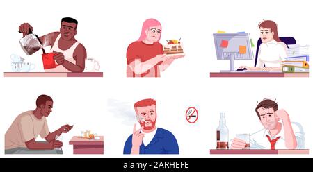 Human addiction flat vector illustrations set. Caffeine, drugs, smoking, workaholism, alcoholism, binge eating. Men and women with unhealthy dependenc Stock Vector
