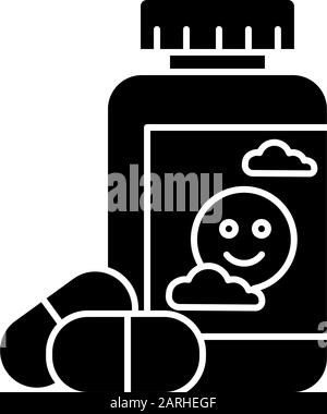 Antidepressant glyph icon. Depression medication. Pills and drugs in bottle. Painkiller and supplement. Placebo product. Anxiety help. Silhouette symb Stock Vector