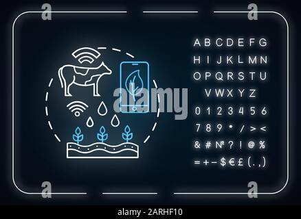 Smart farming neon light concept icon. Modern agriculture idea. Manufacturing automatization. Glowing sign with alphabet, numbers and symbols. Vector Stock Vector