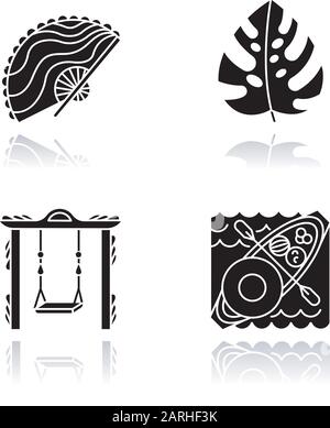 Indonesia drop shadow black glyph icons set. Tropical country plants. Trip to Indonesian islands. Exploring exotic culture traditions. Unique souvenir Stock Vector
