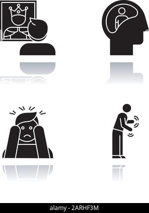 Mental disorder drop shadow black glyph icons set. Delusional person. Schizophrenia. Panic attack. Parkinson disease. Megalomania. Dementia. Tremor in Stock Vector