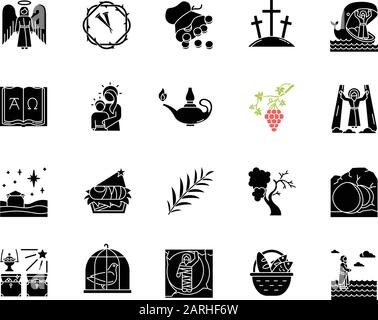 Bible narratives glyph icons set. Angel, thorns wreath, nails, 30 coins, Alpha, Omega, Virgin Mary, lamp, Christmas star, nursery, palm branch. Silhou Stock Vector